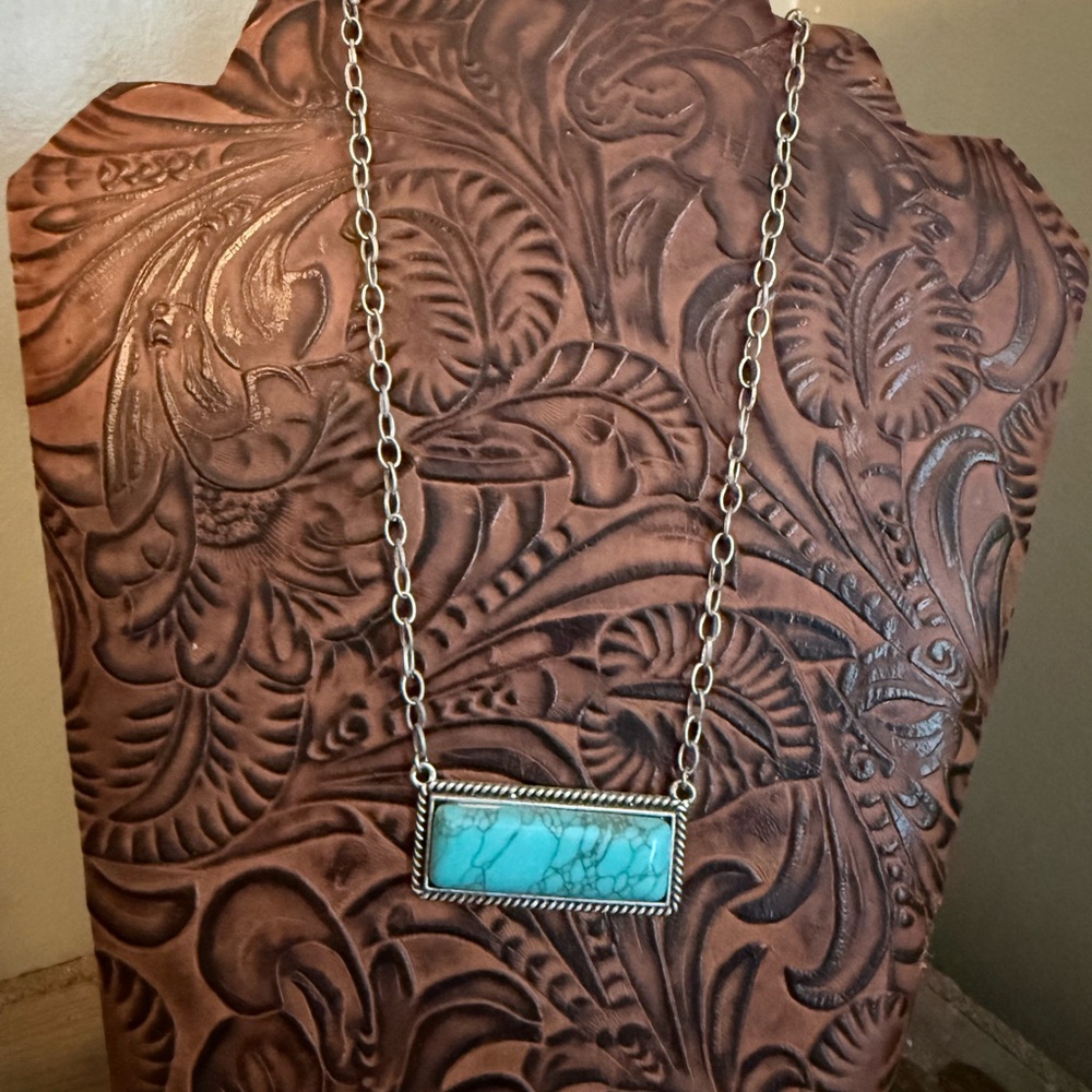 FAUX Turquoise Bar Pendant Necklace - Silver Chain